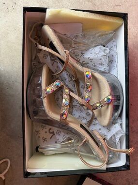 Johnathan Kayne Nude Platform Heels with Multicolor Crystal Straps